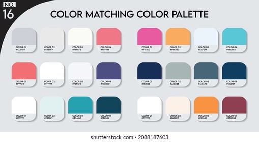 Logo Color matching color palette - 16 , Fashion Trend Color guide palette, An example of a color palette vector. Forecast of the future .HAX code palette for fashion designers, fashion business