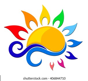 Logo of color sun with blue wave. 