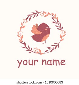 Logo with a colorful cartoon bird in a ring of branches in a flat design. Logo for the brand with a bird.
