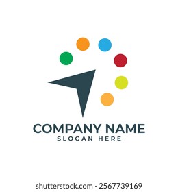 logo with colorful circle of dots surrounding a pointing arrow. symbolizes guidance, direction, and innovation, for businesses in technology, navigation, or field focused on growth and development.