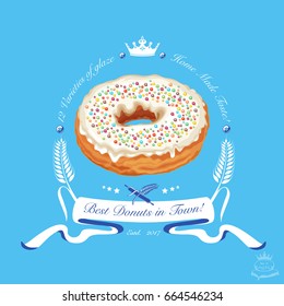 Logo with colorful donut image. Suitable for cafe, donut store or shop, bakery, donut making equipment. Vector Illustration