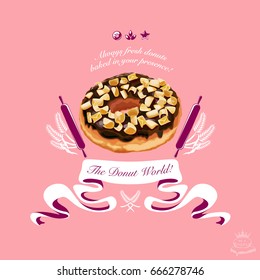 Logo with colorful donut image. Suitable for cafe, donut store or shop, bakery, donut making equipment. Vector Illustration