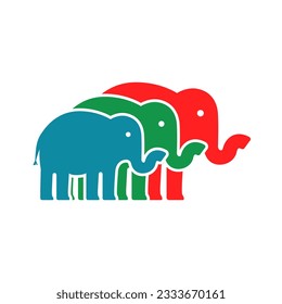 The logo of colorful elephants in red, green and blue.