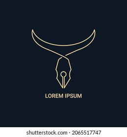 Logo-Kombination zwischen Stift und Horn. Premium Bull Logo Design. Abstraktes Symbol, Stier- und Kuhdesign