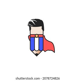 Combinación de logotipos entre lápiz y superhéroe