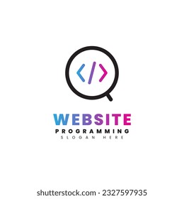 Logo combination of brackets inside a magnifying glass, with a technology theme