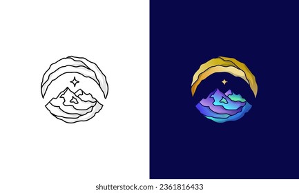logo combination crescent moon and mountain in circle shape colorful style