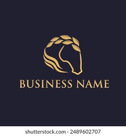 logo with a combination of horse head and wheat on a dark background