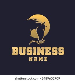 logo with a combination of horse head and wheat on a dark background