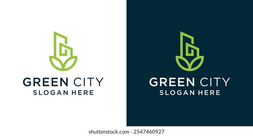 Logotipo combinação de folhas e edifícios, cidade verde, vetor de design simples