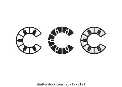 The logo is a combination of the letter C and a piano made with alternative outline, silhouette and cartoon styles.