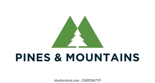 Logo of a combination of mountains and pine trees. The logo of the mountains with the letter M.