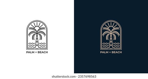 logo with combination palm tree ,sea and sun on one frame