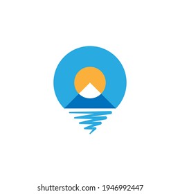 logo combination of pin location symbol with mountain silhouette with sun. editable and easy to custom