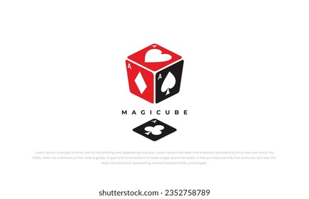 logo combination playing cards and cube or dice in black and red color