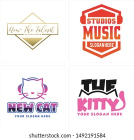 Logo combination square rectangle and cat wearing headphone suitable for studio music entertainment 