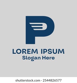 The logo is a combination of wings, the letter p and the color blue