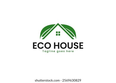 Logo combining house roof and green leaf for an eco-friendly home concept with a modern minimalist style