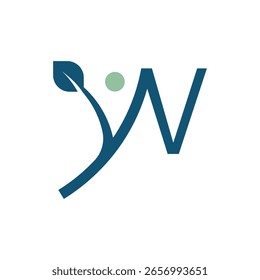 A logo combining a stylized "W" with an abstract human figure rising from a branch and a leaf, in blue and green
