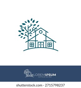 Logo de una casa cómoda y un gran árbol, estilo de línea