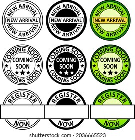 Logo for coming soon, new arrival and register now format vector