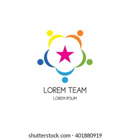 Logo of community of motivated colorful people around star. Vector circle icon of team work and team building. Vector template.