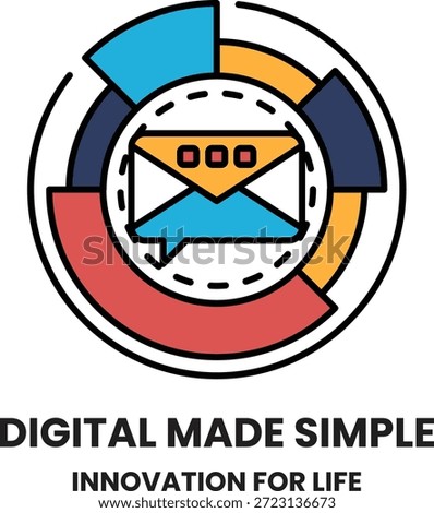 A logo for a company called Digital Made Simple. The logo is a circle with a white envelope inside of it. The envelope is surrounded by a circle with a speech bubble inside of it. The logo is simple