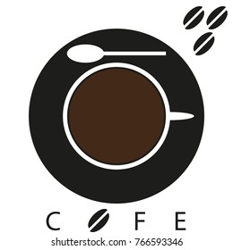 The logo of the company or coffee houses is depicted, a cup of black coffee with milk of color with a black saucer, a white coffee spoon. In the upper right corner coffee beans are 3 pieces. White bac