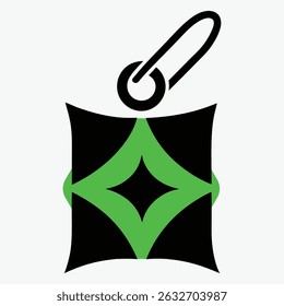 Logo for a company, minimalist design, simple and modern style, black and green color scheme, black background, green geometric shapes, green tag.
