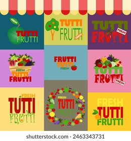 logo of the company selling vegetables and fruits tutti frutti fresh in pastel colors using different fonts 