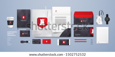 Logo and company style for consulting agency or lawyer. Corporate identity with stone marble background. Stationery mockup design set. White rook castle on red shield. Premium quality.