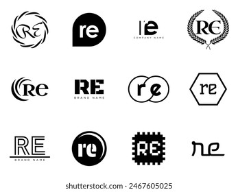 RE logo company template. Letter r and e logotype. Set different classic serif lettering and modern bold text with design elements. Initial font typography. Collection trendy business identity.