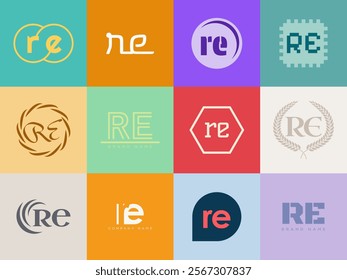 RE logo company template. Letter r and e logotype. Set different classic serif lettering and modern bold text with design elements. Initial font typography. Collection trendy business identity.