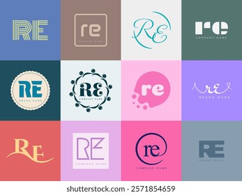 RE logo company template. Letter r and e logotype. Set different classic serif lettering and modern bold text with design elements. Initial font typography. Collection trendy business identity.