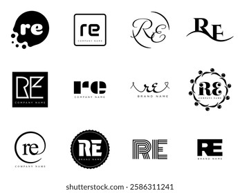 RE logo company template. Letter r and e logotype. Set different classic serif lettering and modern bold text with design elements. Initial font typography. Collection trendy business identity.