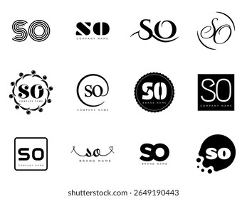 Modelo da empresa de logotipo SO. Letra s e o logótipo. Defina diferentes letras serifas clássicas e texto em negrito moderno com elementos de design. Tipografia inicial da fonte. Coleção de identidade de negócios na moda.