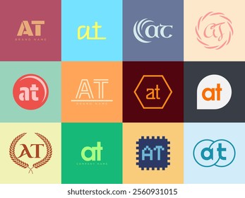 AT logo company template. Letter a and t logotype. Set different classic serif lettering and modern bold text with design elements. Initial font typography. Collection trendy business identity.