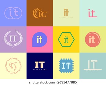 IT logo company template. Letter i and t logotype. Set different classic serif lettering and modern bold text with design elements. Initial font typography. Collection trendy business identity.
