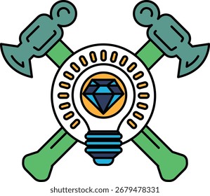 A logo for a company that is about to be built. The logo features a hammer and an ax, and a diamond. The diamond is surrounded by a circle, which is illuminated by a light bulb