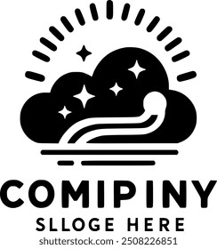 A logo for a company that is black and white. The logo features a cloud with a rainbow and stars. The company name is "COMPANY" and it is written in a bold font