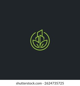 Um logotipo para uma empresa que é verde e tem um prédio no meio. O logótipo é circular e tem uma folha no meio