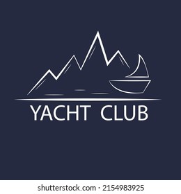 Logo for the company Yacht club with linear elements in the form of mountains and a boat in white color with lettering on a dark blue background. Business logo for yacht sport.
