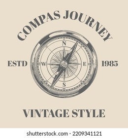 logo compass hand drawn illustration. Isolated vector illustration in sketch engraving vintage retro style vintage retro design element for labels, badges, stickers, emblems template design