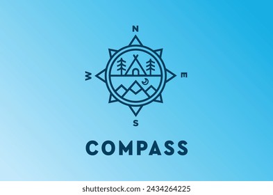 Logo with Compass and mountain design concept. Universal compass logo. Mountain logo compass journey design rounded shape adventure outdoor. Logo Design Template