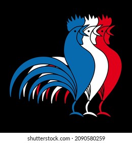 Logo composed of 3 roosters singing victory in the colors of the French flag, blue, white, red. 