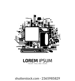 A logo of computer system with texture vector silhouette icon design template isolated