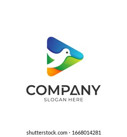 Logo concept of bird in media play button icon. Simple modern style. Logotype ready for use.