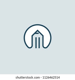 Logo concept of chat, blog, note, encyclopedia, online courses, outline art, webinar, communication, stationery, education. Sketch icon. Vector logotype design pen and paper.
