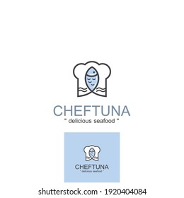 logo concept with a chef's hat symbol and fish icon and water waves. The logo concept can be used for restaurants with seafood menus, for the seafood processed product industry etc.