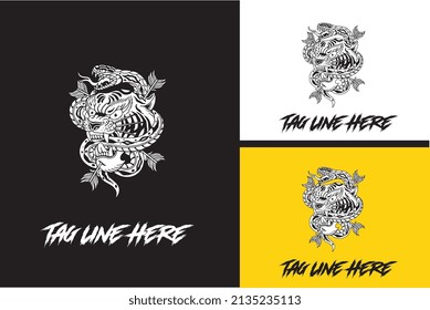 logo concept design of head tiger and snake vector black and white